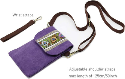 Vintage Embroidered Canvas Flip Small Crossbody Bag Cell Phone Pouch for Women Wristlet Wallet Bag Coin Purse