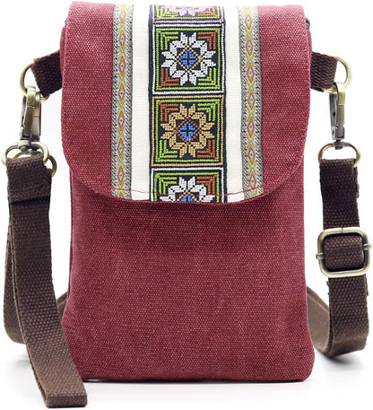 Vintage Embroidered Canvas Flip Small Crossbody Bag Cell Phone Pouch for Women Wristlet Wallet Bag Coin Purse