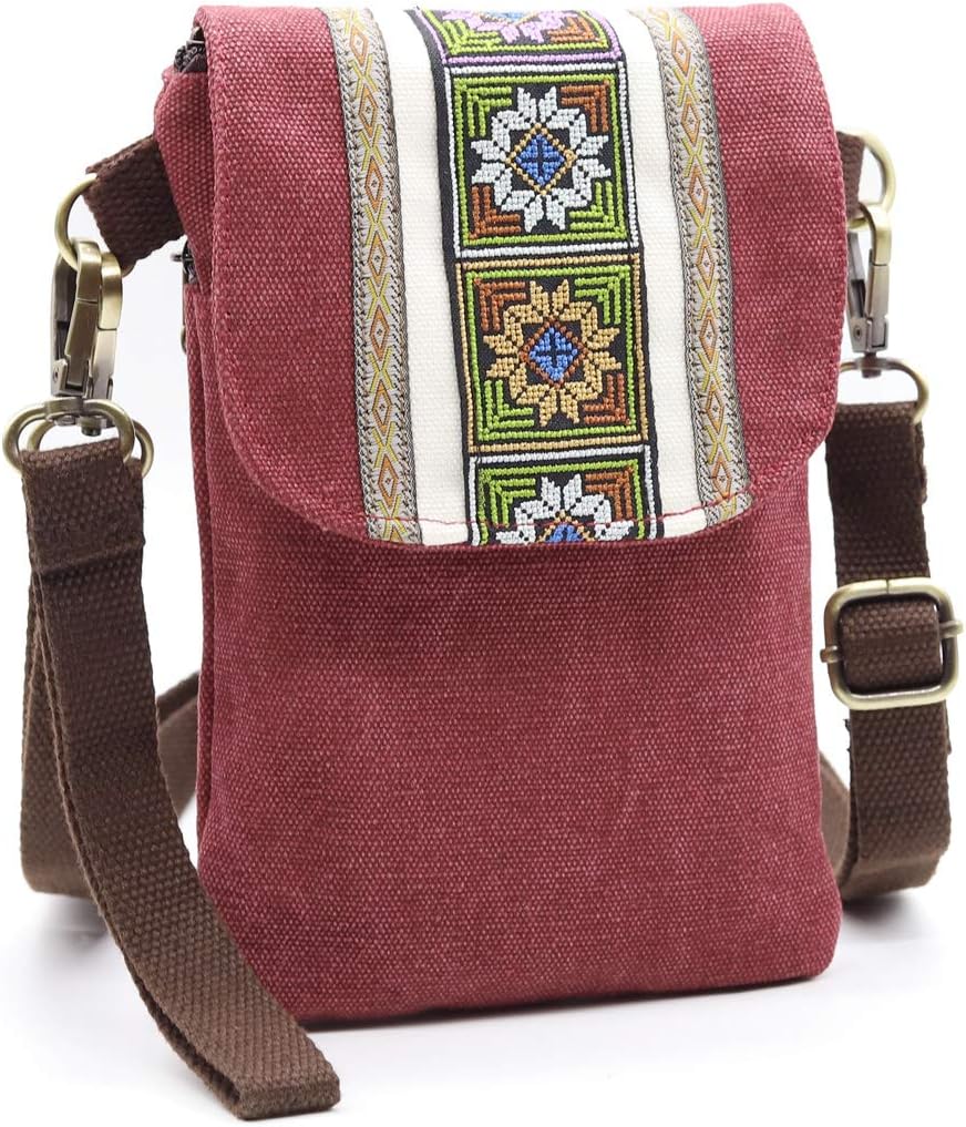 Vintage Embroidered Canvas Flip Small Crossbody Bag Cell Phone Pouch for Women Wristlet Wallet Bag Coin Purse