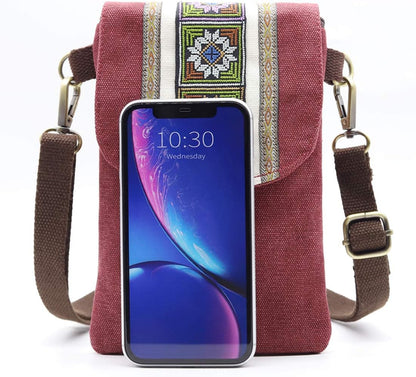 Vintage Embroidered Canvas Flip Small Crossbody Bag Cell Phone Pouch for Women Wristlet Wallet Bag Coin Purse