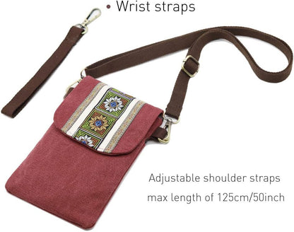 Vintage Embroidered Canvas Flip Small Crossbody Bag Cell Phone Pouch for Women Wristlet Wallet Bag Coin Purse