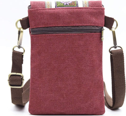 Vintage Embroidered Canvas Flip Small Crossbody Bag Cell Phone Pouch for Women Wristlet Wallet Bag Coin Purse