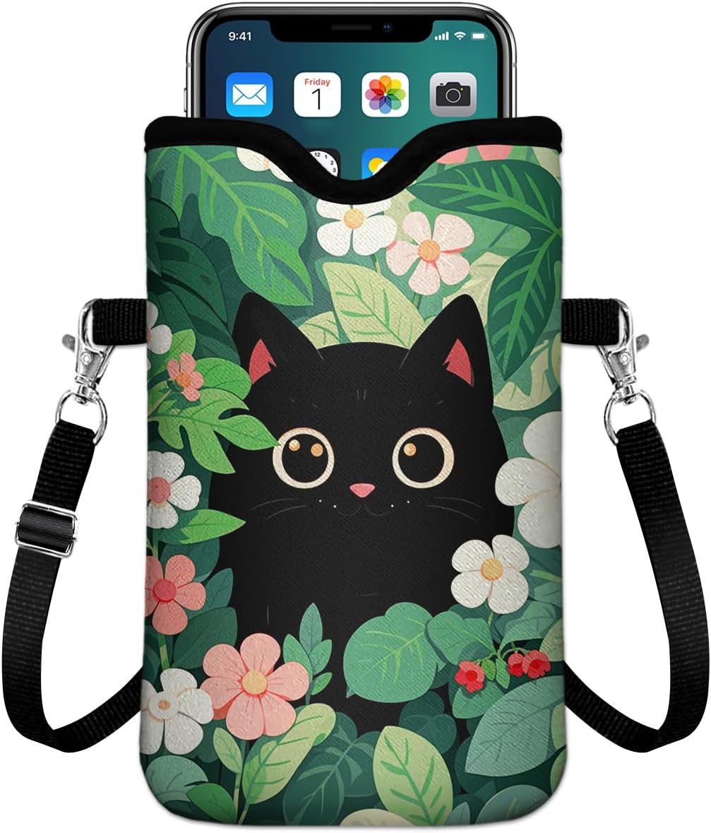 IRADA Neoprene Cell Phone Sleeve Pouch Case Bag with Crossbody Strap Neck Lanyard for Women Men 7.6 X 4.3 Inches-Solid Black Shockproof Universal Phone Bag