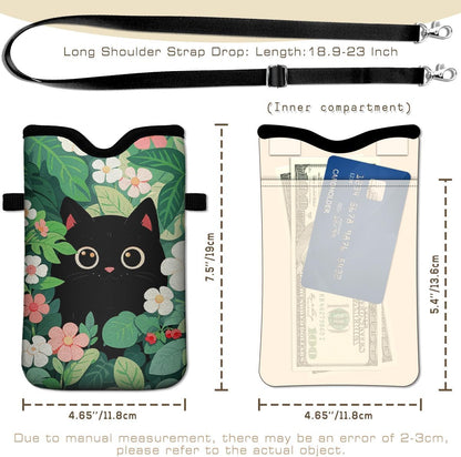 IRADA Neoprene Cell Phone Sleeve Pouch Case Bag with Crossbody Strap Neck Lanyard for Women Men 7.6 X 4.3 Inches-Solid Black Shockproof Universal Phone Bag