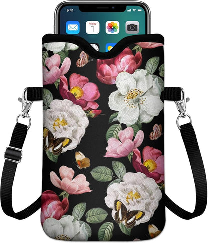 IRADA Neoprene Cell Phone Sleeve Pouch Case Bag with Crossbody Strap Neck Lanyard for Women Men 7.6 X 4.3 Inches-Solid Black Shockproof Universal Phone Bag