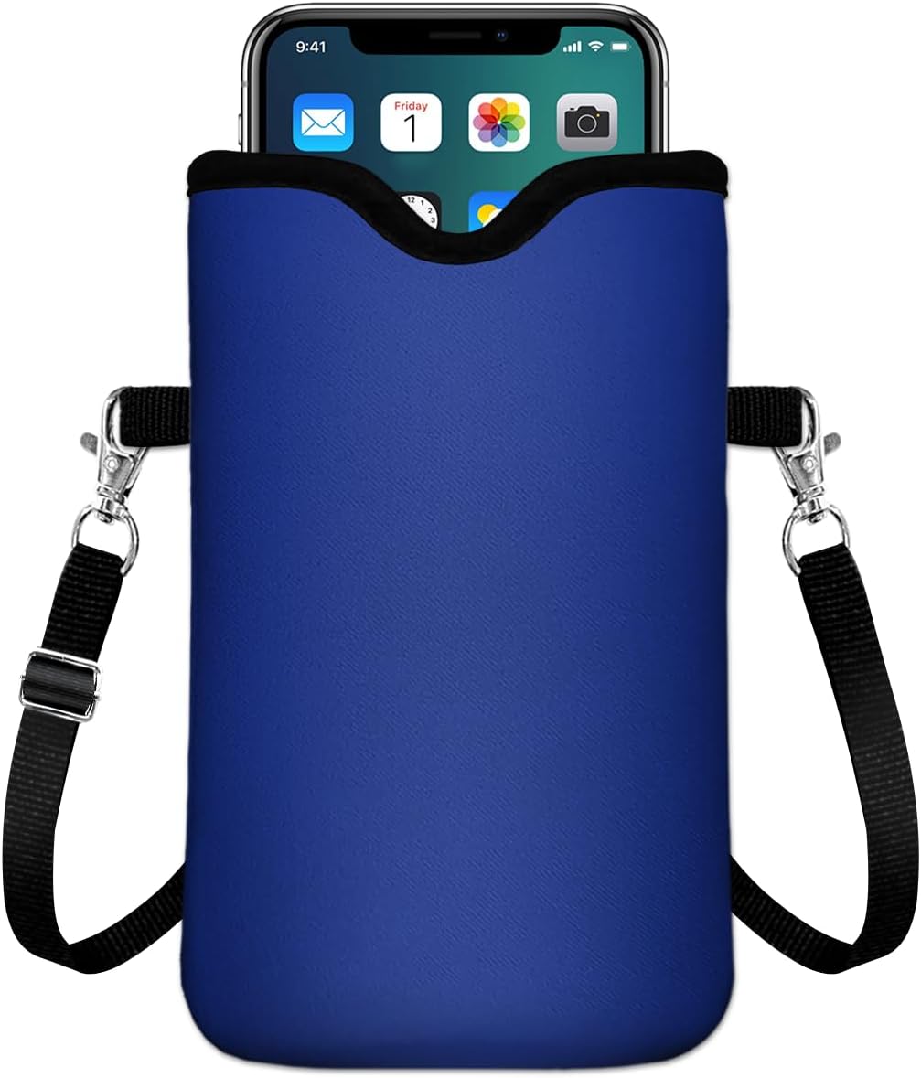 IRADA Neoprene Cell Phone Sleeve Pouch Case Bag with Crossbody Strap Neck Lanyard for Women Men 7.6 X 4.3 Inches-Solid Black Shockproof Universal Phone Bag