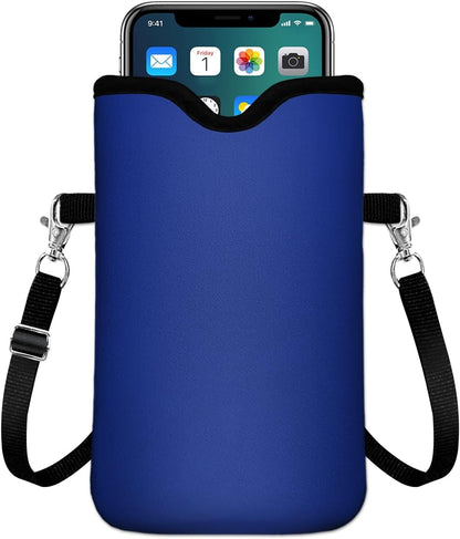 IRADA Neoprene Cell Phone Sleeve Pouch Case Bag with Crossbody Strap Neck Lanyard for Women Men 7.6 X 4.3 Inches-Solid Black Shockproof Universal Phone Bag