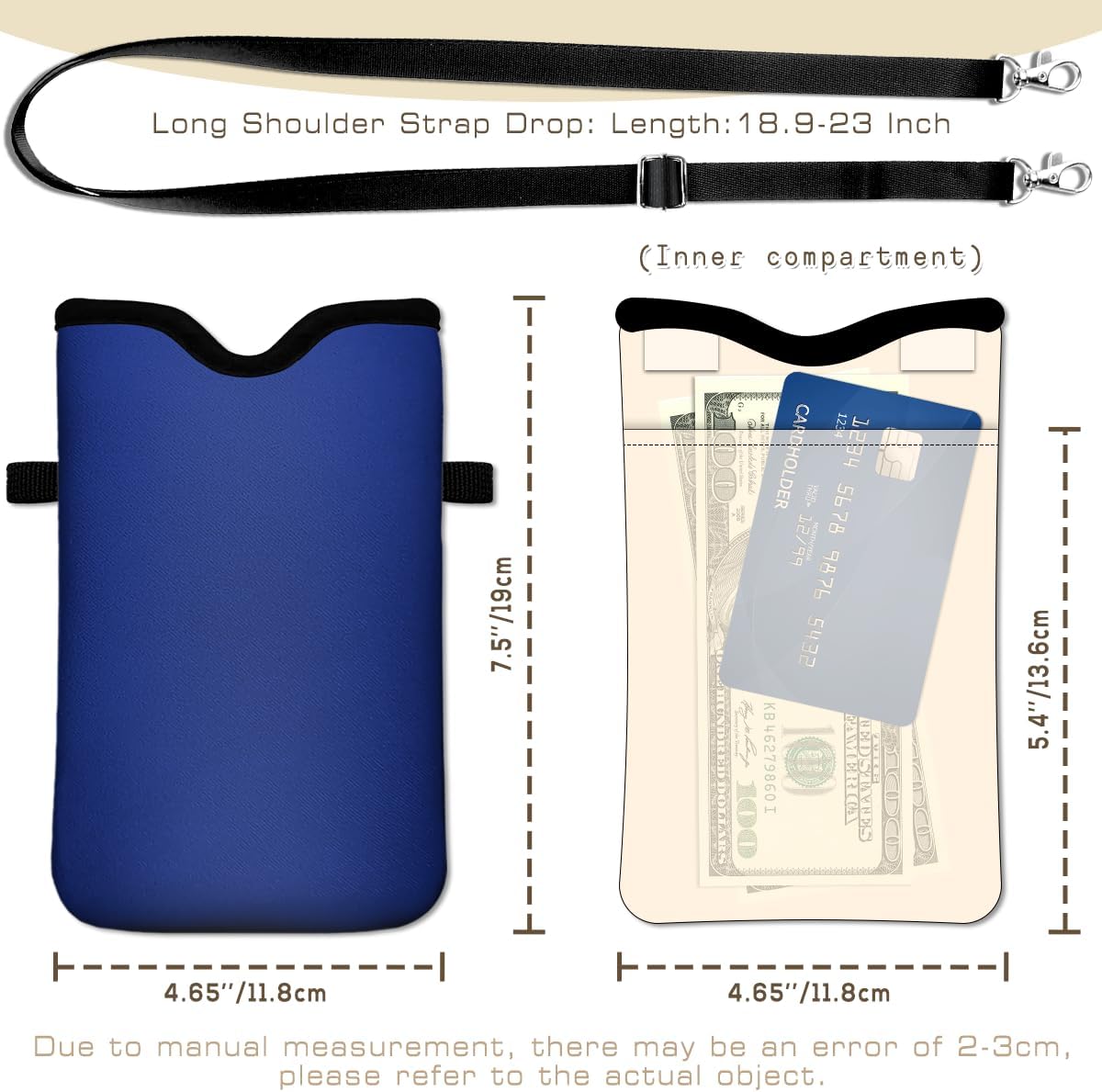 IRADA Neoprene Cell Phone Sleeve Pouch Case Bag with Crossbody Strap Neck Lanyard for Women Men 7.6 X 4.3 Inches-Solid Black Shockproof Universal Phone Bag
