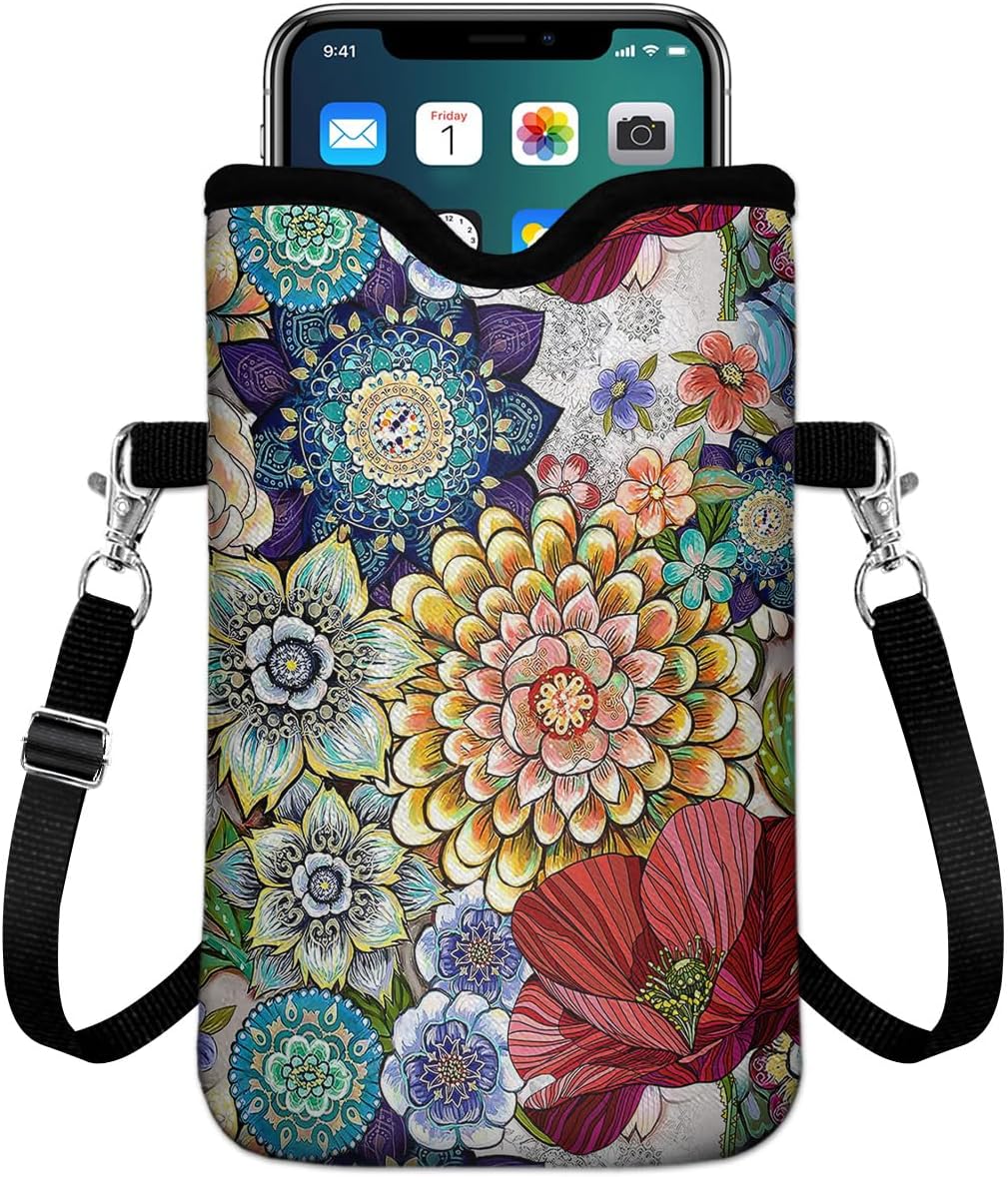 IRADA Neoprene Cell Phone Sleeve Pouch Case Bag with Crossbody Strap Neck Lanyard for Women Men 7.6 X 4.3 Inches-Solid Black Shockproof Universal Phone Bag