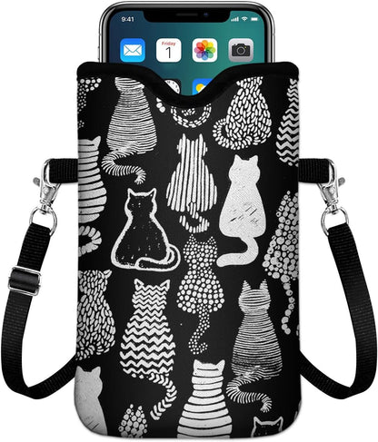 IRADA Neoprene Cell Phone Sleeve Pouch Case Bag with Crossbody Strap Neck Lanyard for Women Men 7.6 X 4.3 Inches-Solid Black Shockproof Universal Phone Bag