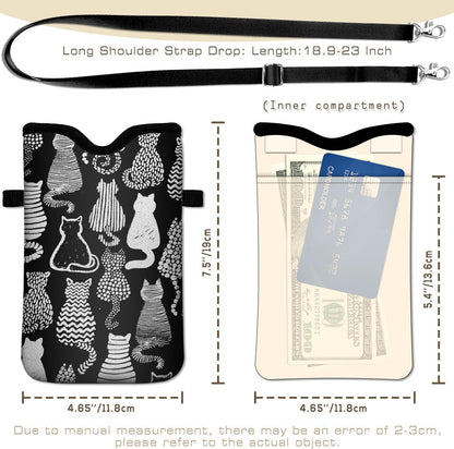 IRADA Neoprene Cell Phone Sleeve Pouch Case Bag with Crossbody Strap Neck Lanyard for Women Men 7.6 X 4.3 Inches-Solid Black Shockproof Universal Phone Bag
