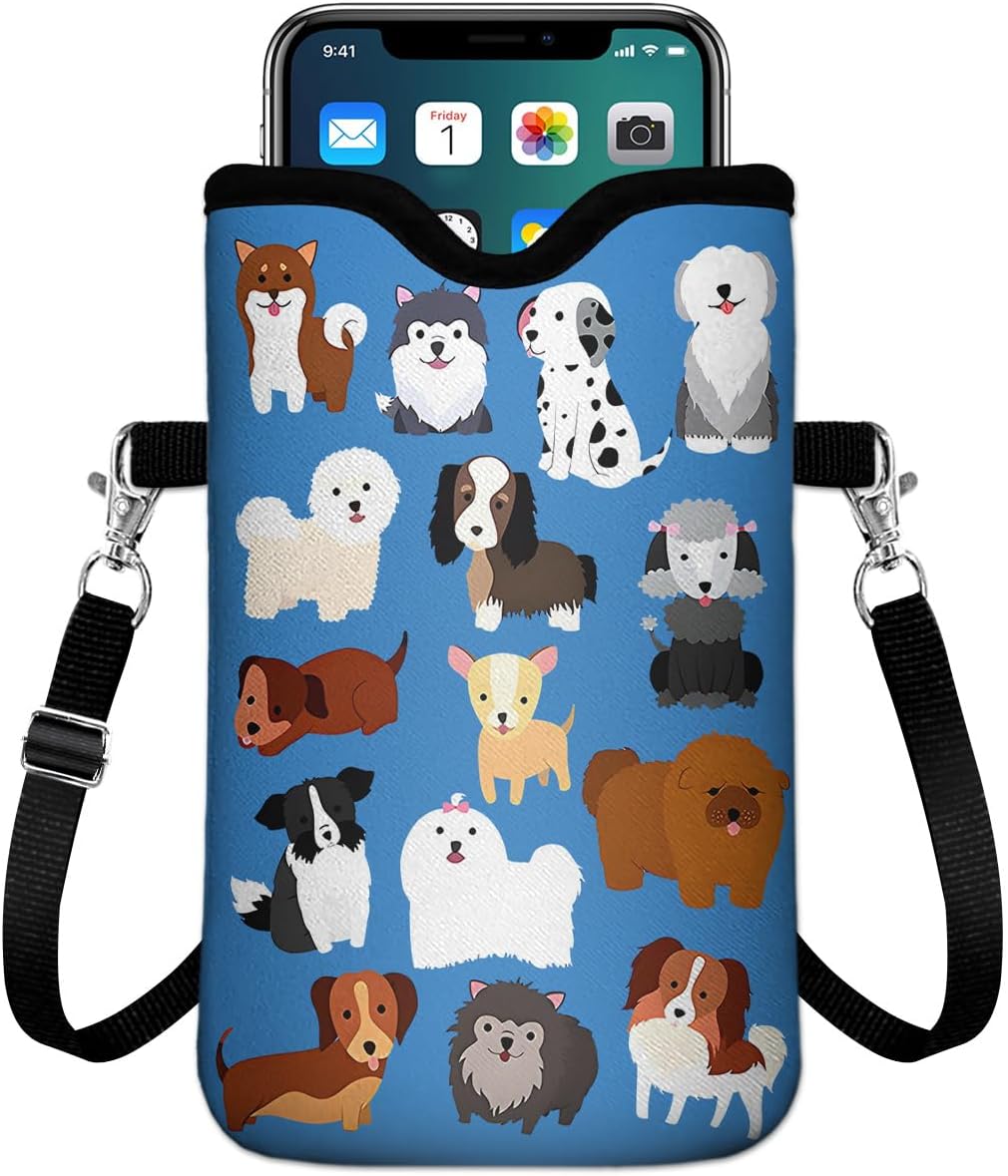 IRADA Neoprene Cell Phone Sleeve Pouch Case Bag with Crossbody Strap Neck Lanyard for Women Men 7.6 X 4.3 Inches-Solid Black Shockproof Universal Phone Bag