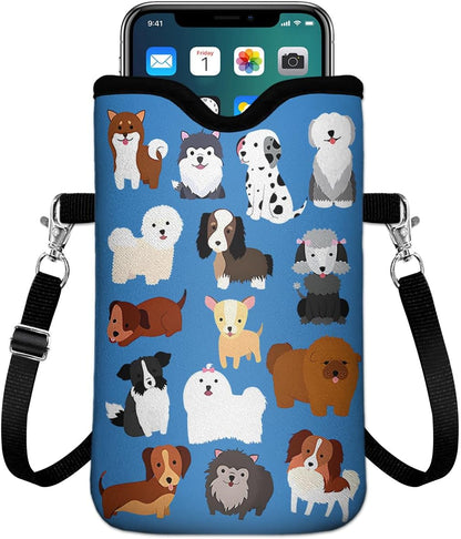 IRADA Neoprene Cell Phone Sleeve Pouch Case Bag with Crossbody Strap Neck Lanyard for Women Men 7.6 X 4.3 Inches-Solid Black Shockproof Universal Phone Bag