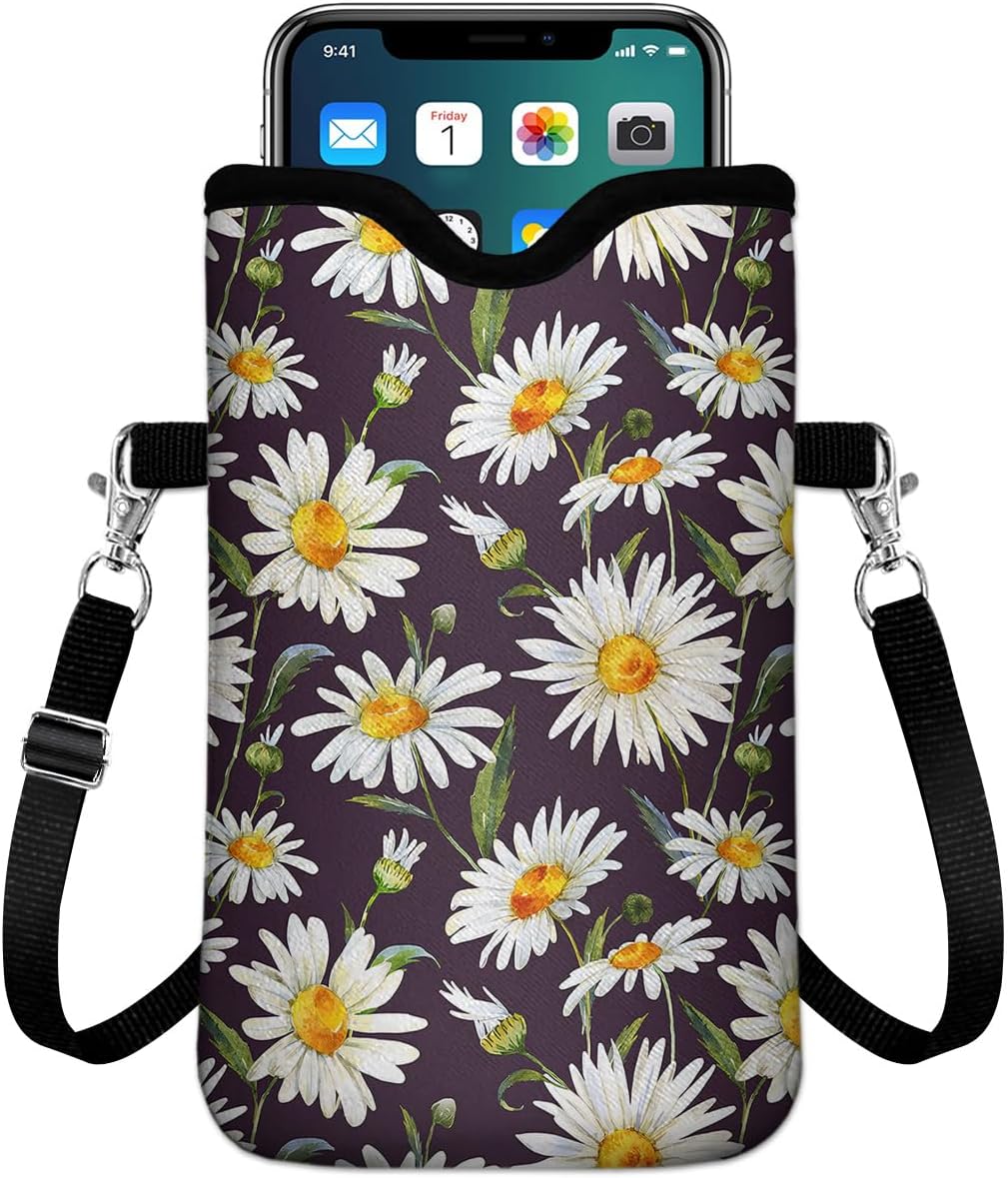 IRADA Neoprene Cell Phone Sleeve Pouch Case Bag with Crossbody Strap Neck Lanyard for Women Men 7.6 X 4.3 Inches-Solid Black Shockproof Universal Phone Bag