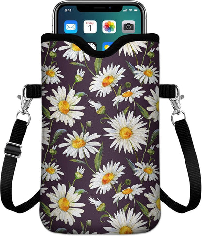 IRADA Neoprene Cell Phone Sleeve Pouch Case Bag with Crossbody Strap Neck Lanyard for Women Men 7.6 X 4.3 Inches-Solid Black Shockproof Universal Phone Bag