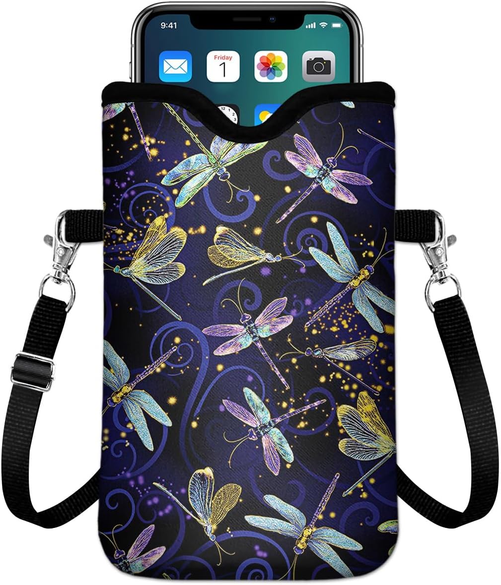 IRADA Neoprene Cell Phone Sleeve Pouch Case Bag with Crossbody Strap Neck Lanyard for Women Men 7.6 X 4.3 Inches-Solid Black Shockproof Universal Phone Bag