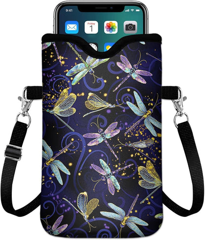IRADA Neoprene Cell Phone Sleeve Pouch Case Bag with Crossbody Strap Neck Lanyard for Women Men 7.6 X 4.3 Inches-Solid Black Shockproof Universal Phone Bag