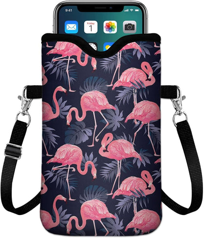 IRADA Neoprene Cell Phone Sleeve Pouch Case Bag with Crossbody Strap Neck Lanyard for Women Men 7.6 X 4.3 Inches-Solid Black Shockproof Universal Phone Bag