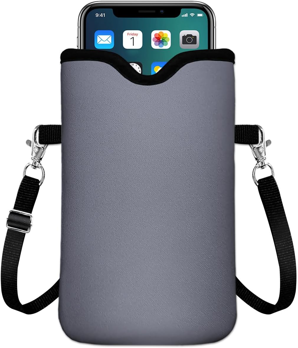 IRADA Neoprene Cell Phone Sleeve Pouch Case Bag with Crossbody Strap Neck Lanyard for Women Men 7.6 X 4.3 Inches-Solid Black Shockproof Universal Phone Bag