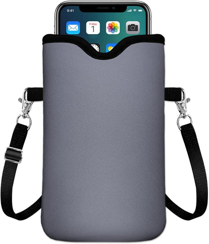 IRADA Neoprene Cell Phone Sleeve Pouch Case Bag with Crossbody Strap Neck Lanyard for Women Men 7.6 X 4.3 Inches-Solid Black Shockproof Universal Phone Bag