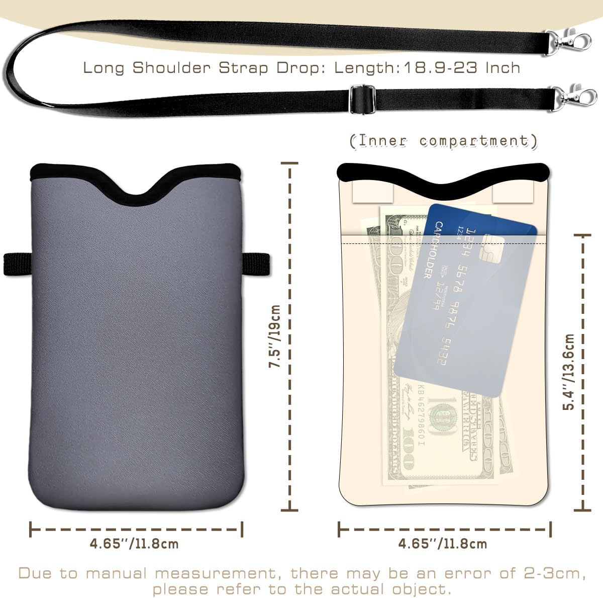 IRADA Neoprene Cell Phone Sleeve Pouch Case Bag with Crossbody Strap Neck Lanyard for Women Men 7.6 X 4.3 Inches-Solid Black Shockproof Universal Phone Bag