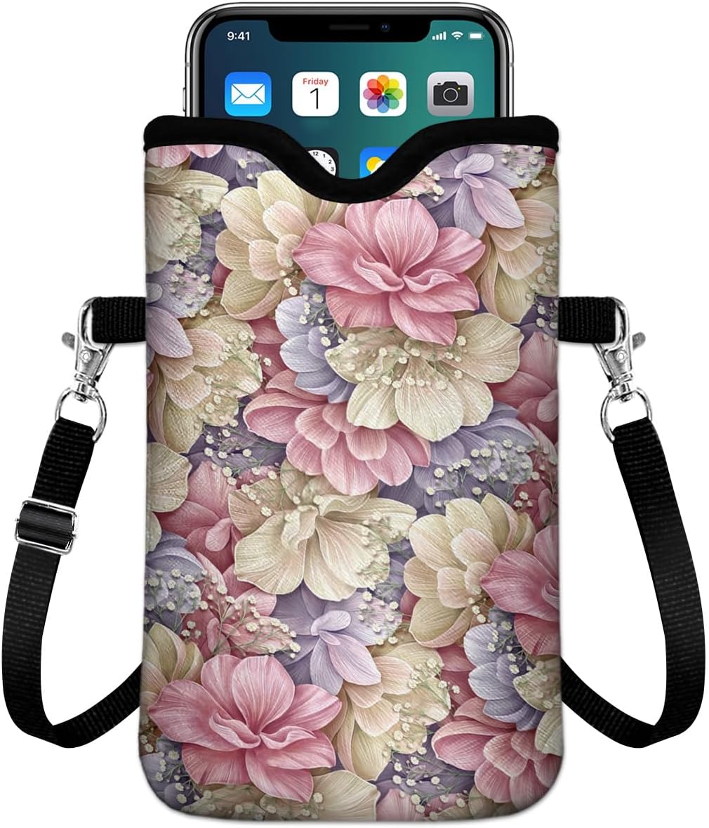 IRADA Neoprene Cell Phone Sleeve Pouch Case Bag with Crossbody Strap Neck Lanyard for Women Men 7.6 X 4.3 Inches-Solid Black Shockproof Universal Phone Bag