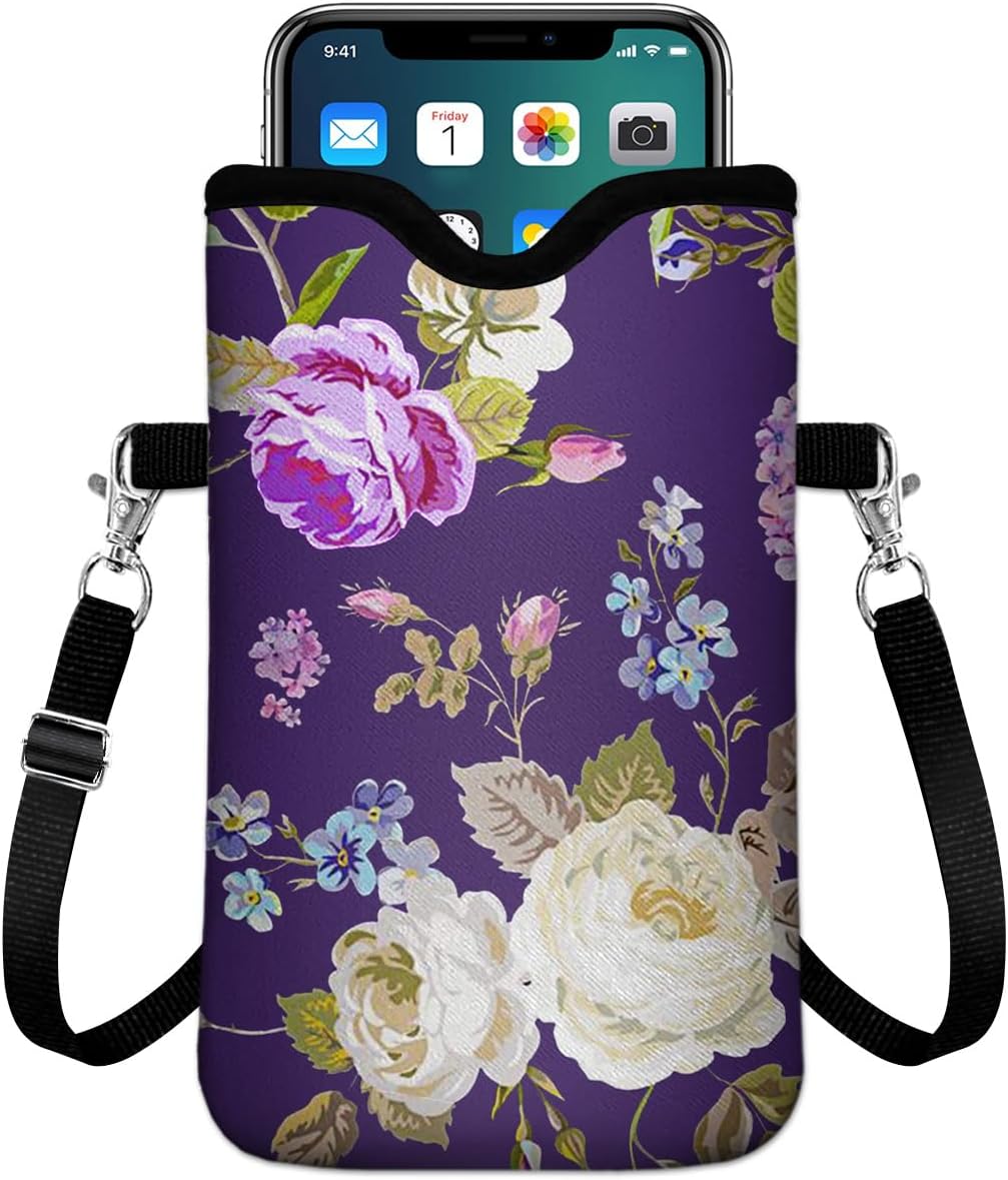 IRADA Neoprene Cell Phone Sleeve Pouch Case Bag with Crossbody Strap Neck Lanyard for Women Men 7.6 X 4.3 Inches-Solid Black Shockproof Universal Phone Bag
