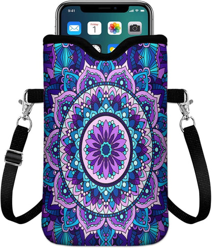 IRADA Neoprene Cell Phone Sleeve Pouch Case Bag with Crossbody Strap Neck Lanyard for Women Men 7.6 X 4.3 Inches-Solid Black Shockproof Universal Phone Bag