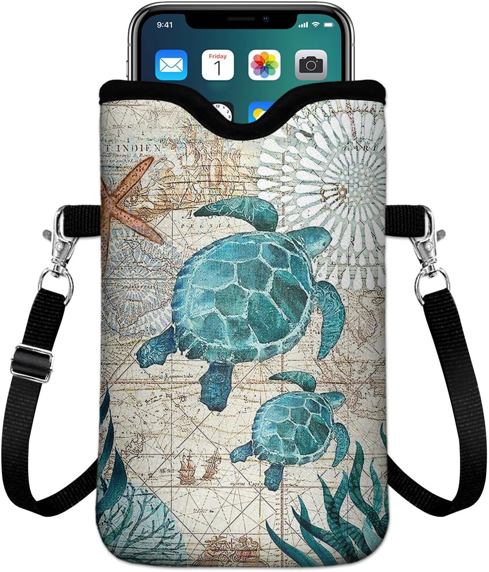 IRADA Neoprene Cell Phone Sleeve Pouch Case Bag with Crossbody Strap Neck Lanyard for Women Men 7.6 X 4.3 Inches-Solid Black Shockproof Universal Phone Bag