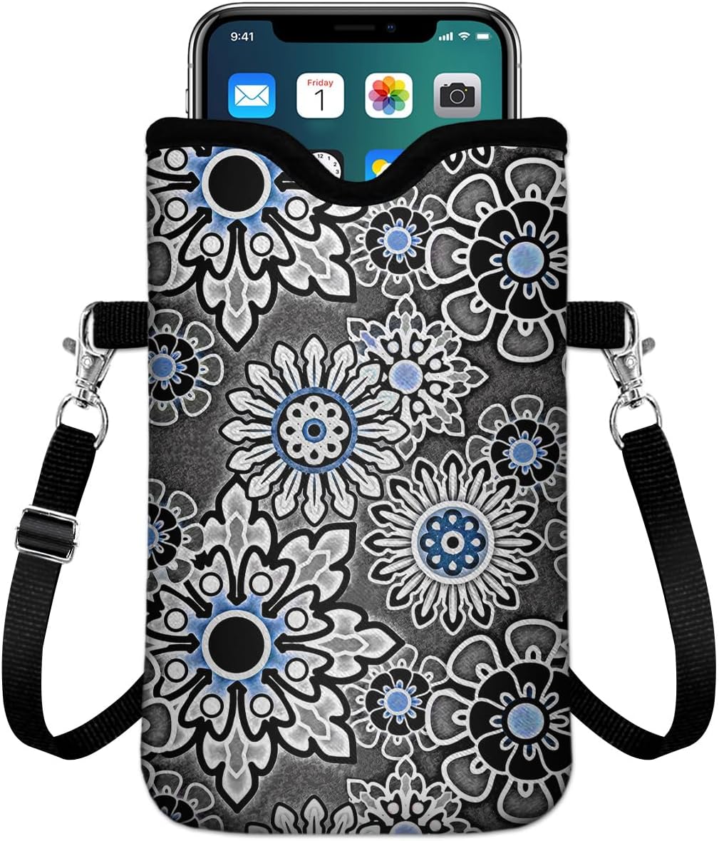 IRADA Neoprene Cell Phone Sleeve Pouch Case Bag with Crossbody Strap Neck Lanyard for Women Men 7.6 X 4.3 Inches-Solid Black Shockproof Universal Phone Bag