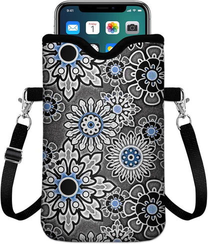 IRADA Neoprene Cell Phone Sleeve Pouch Case Bag with Crossbody Strap Neck Lanyard for Women Men 7.6 X 4.3 Inches-Solid Black Shockproof Universal Phone Bag