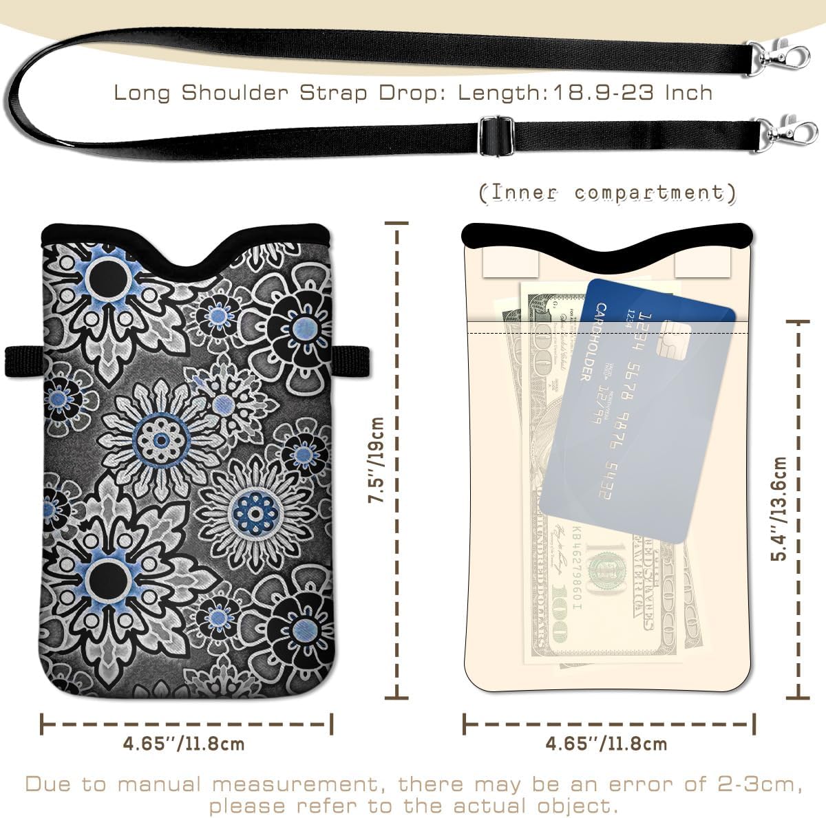 IRADA Neoprene Cell Phone Sleeve Pouch Case Bag with Crossbody Strap Neck Lanyard for Women Men 7.6 X 4.3 Inches-Solid Black Shockproof Universal Phone Bag