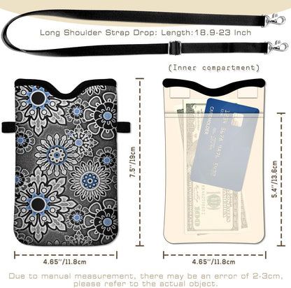 IRADA Neoprene Cell Phone Sleeve Pouch Case Bag with Crossbody Strap Neck Lanyard for Women Men 7.6 X 4.3 Inches-Solid Black Shockproof Universal Phone Bag