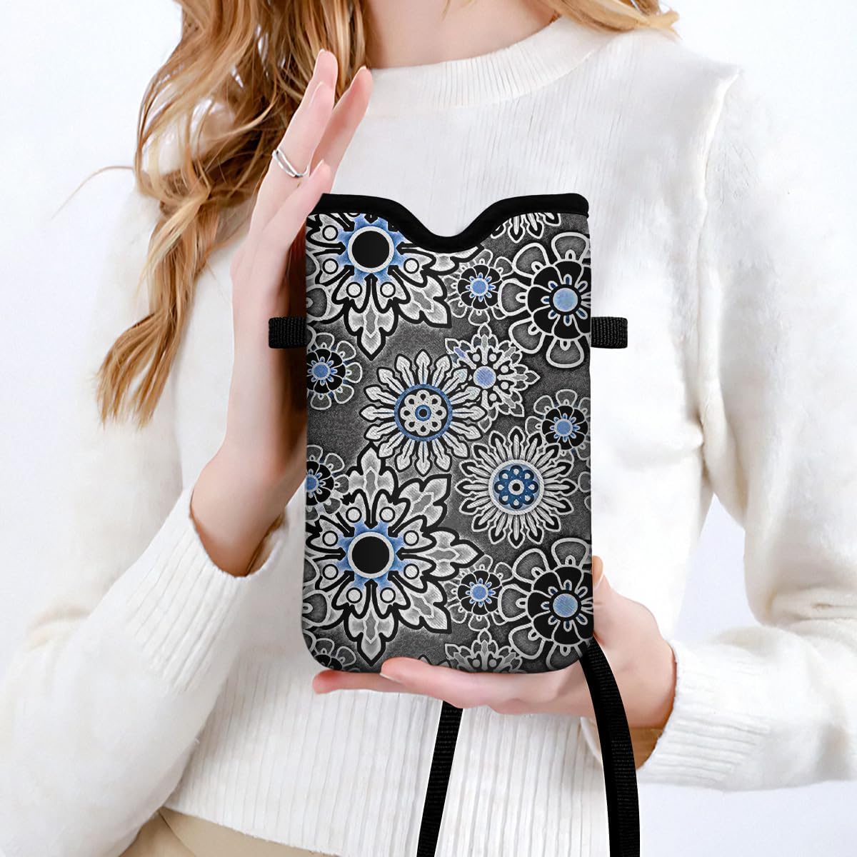 IRADA Neoprene Cell Phone Sleeve Pouch Case Bag with Crossbody Strap Neck Lanyard for Women Men 7.6 X 4.3 Inches-Solid Black Shockproof Universal Phone Bag