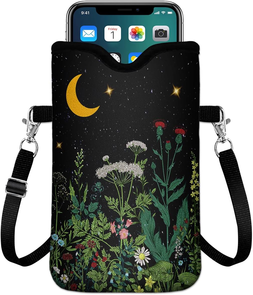 IRADA Neoprene Cell Phone Sleeve Pouch Case Bag with Crossbody Strap Neck Lanyard for Women Men 7.6 X 4.3 Inches-Solid Black Shockproof Universal Phone Bag