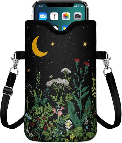 IRADA Neoprene Cell Phone Sleeve Pouch Case Bag with Crossbody Strap Neck Lanyard for Women Men 7.6 X 4.3 Inches-Solid Black Shockproof Universal Phone Bag