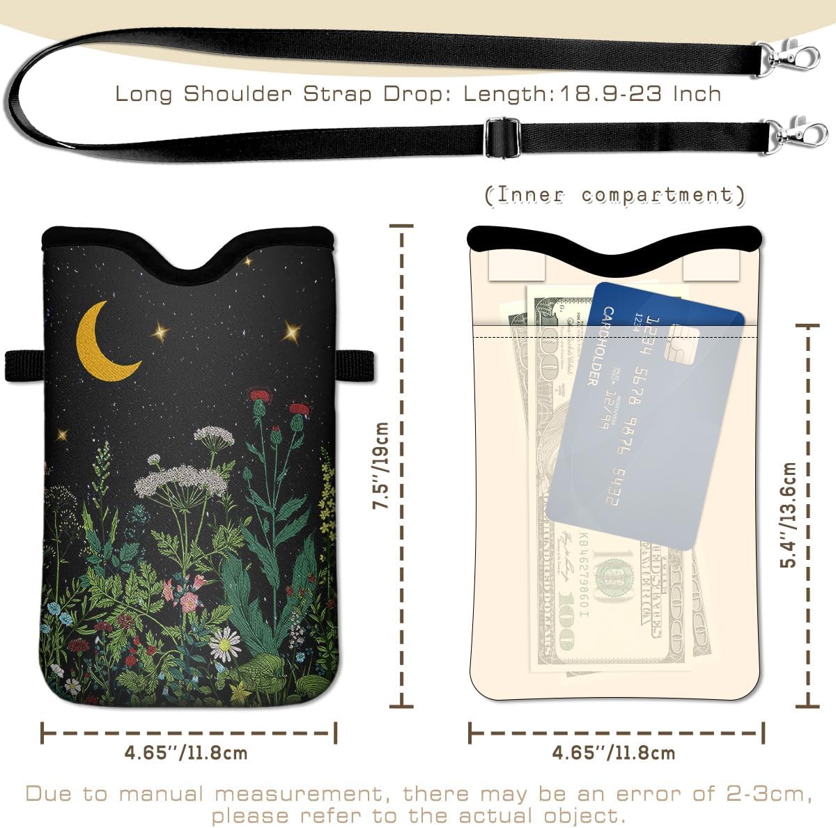 IRADA Neoprene Cell Phone Sleeve Pouch Case Bag with Crossbody Strap Neck Lanyard for Women Men 7.6 X 4.3 Inches-Solid Black Shockproof Universal Phone Bag