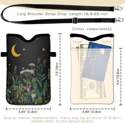 IRADA Neoprene Cell Phone Sleeve Pouch Case Bag with Crossbody Strap Neck Lanyard for Women Men 7.6 X 4.3 Inches-Solid Black Shockproof Universal Phone Bag