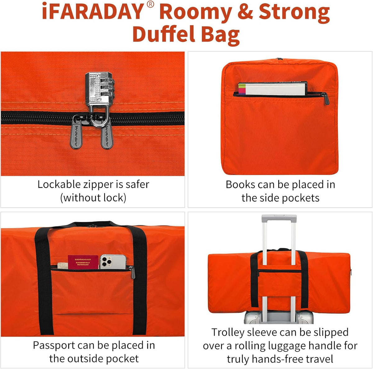 Foldable Duffle Bag for Travel, 30 inch, Orange | 75L Large, Spare Travel Duffel Bag, Lightweight, Trolley Sleeve