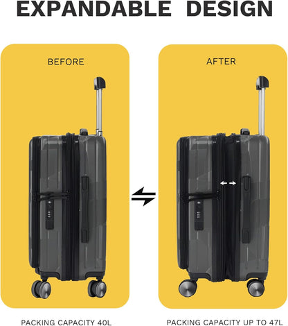 20 inch Carry On Luggage Expandable Top Opening/Clamshell Opening, TSA Approved Carry On Luggage Hard Shell Suitcases, Lightweight Away Carry On Suitcases, Grey