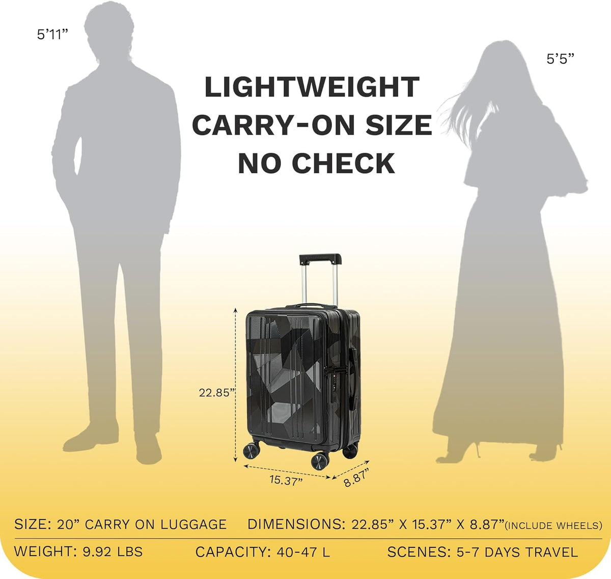 20 inch Carry On Luggage Expandable Top Opening/Clamshell Opening, TSA Approved Carry On Luggage Hard Shell Suitcases, Lightweight Away Carry On Suitcases, Grey