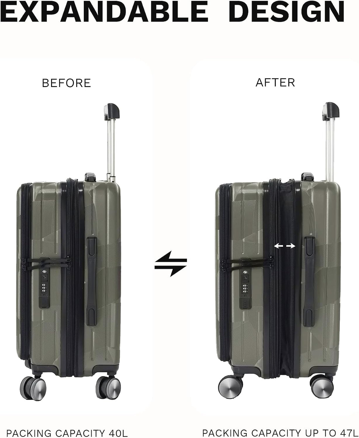 20 inch Carry On Luggage Expandable Top Opening/Clamshell Opening, TSA Approved Carry On Luggage Hard Shell Suitcases, Lightweight Away Carry On Suitcases, Grey
