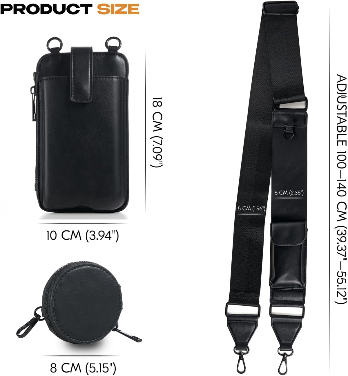 Black Crossbody Phone Bag with Adjustable Strap and Coin Pouch – Stylish PU Leather Shoulder Purse for Everyday Use