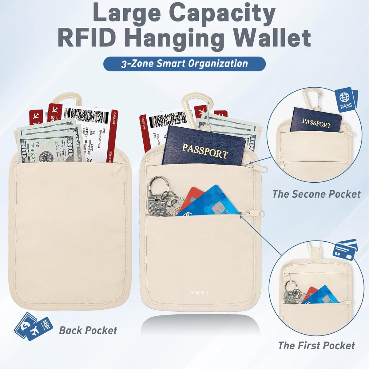 Anti-Theft Belt Waist Travel Wallet Hidden Passport 3-Zone Clip Carabiner