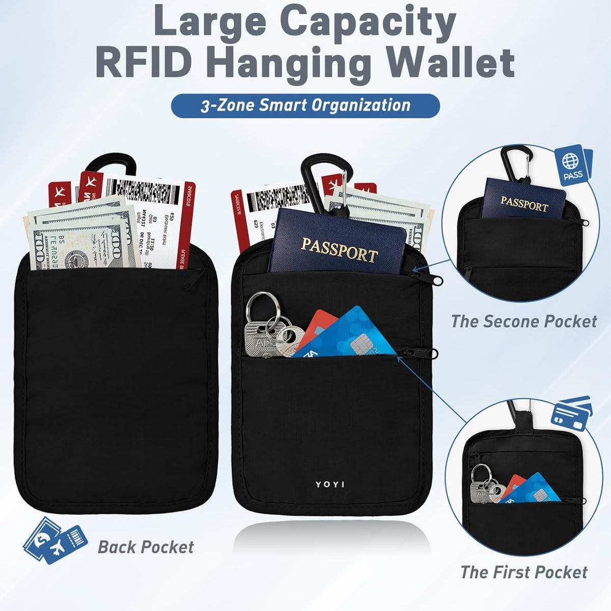 Anti-Theft Belt Waist Travel Wallet Hidden Passport 3-Zone Clip Carabiner