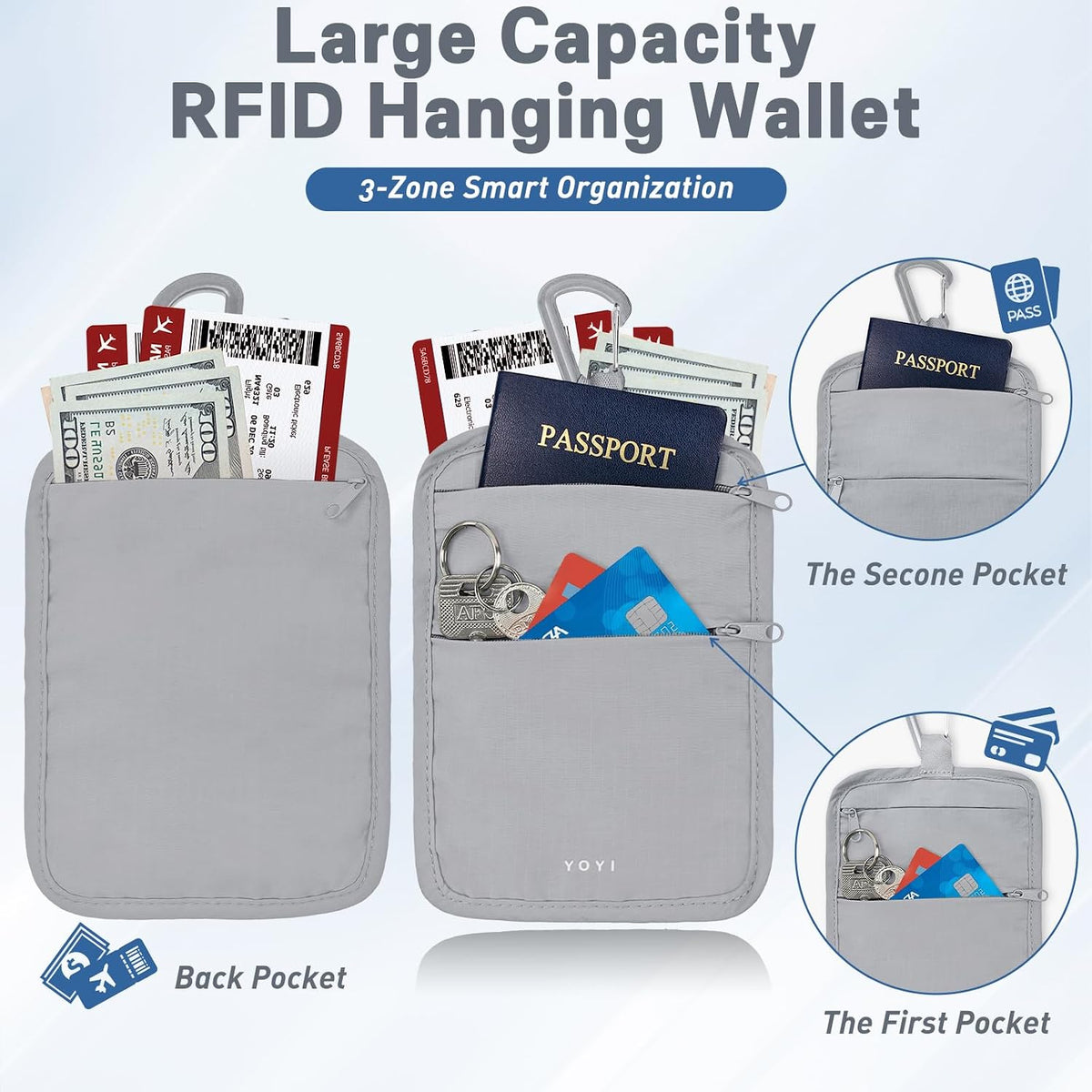 Anti-Theft Belt Waist Travel Wallet Hidden Passport 3-Zone Clip Carabiner