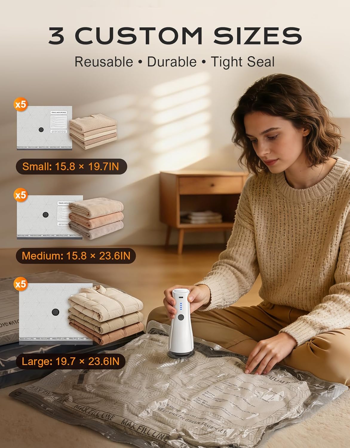 15 Pack Portable Vacuum Storage Bags for Travel with Rechargeable Electric Pump, Carry-on Size Compression Packing Bags for Clothing, Blankets, Space Saver for Luggage and Suitcase