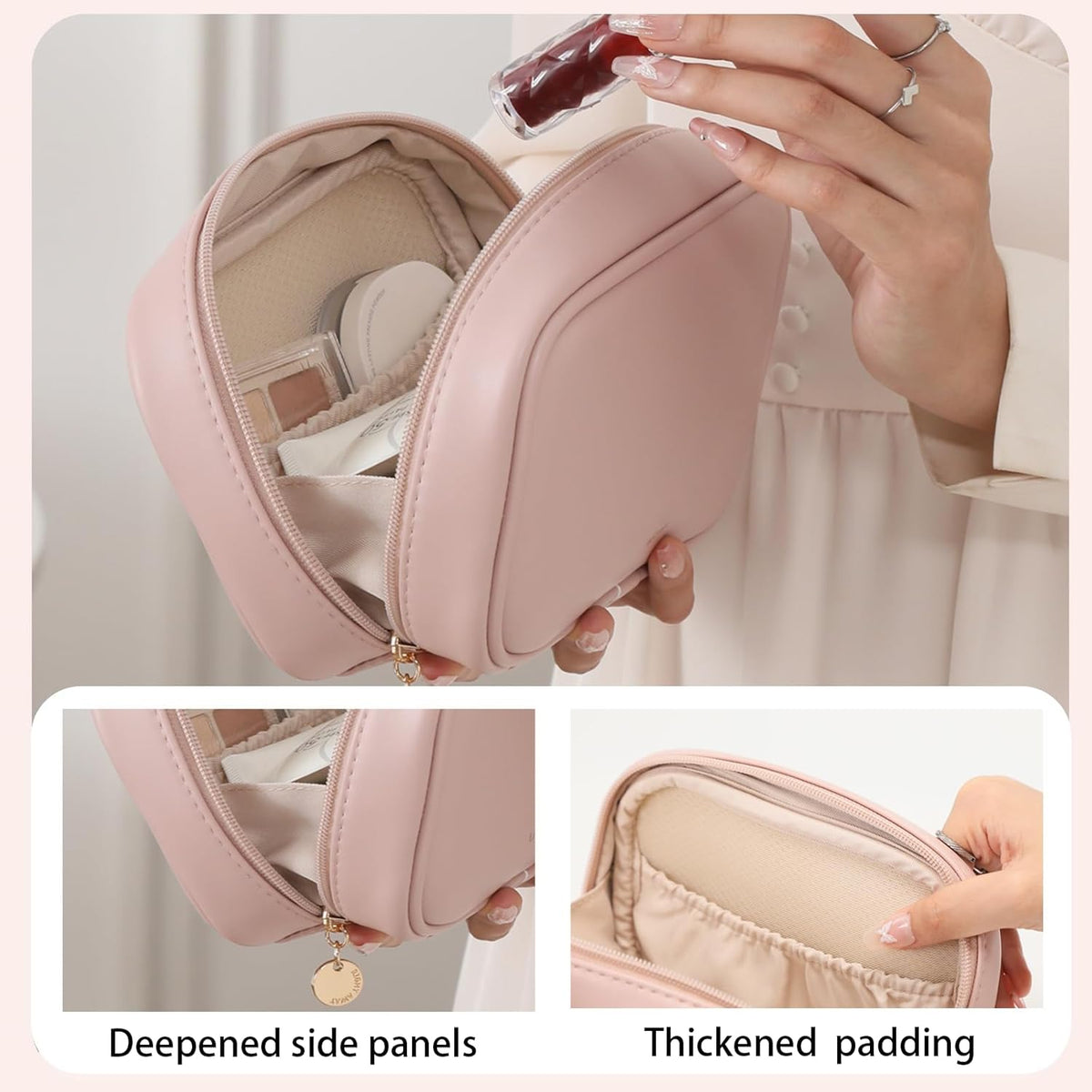 Small Makeup Bag for Purse,Cosmetic Bag Organizer for Women,Waterproof PU Leather Make Up Pouch Toiletry Bag with Pockets,Portable Makeup Case for Travel Accessories&Accessories(Pink)