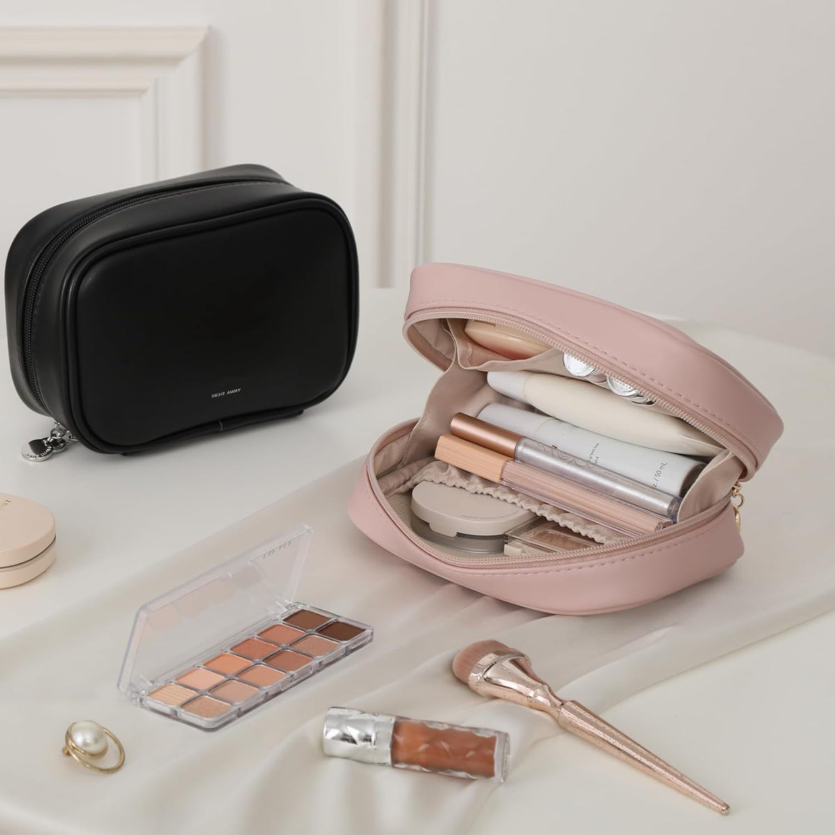 Small Makeup Bag for Purse,Cosmetic Bag Organizer for Women,Waterproof PU Leather Make Up Pouch Toiletry Bag with Pockets,Portable Makeup Case for Travel Accessories&Accessories(Pink)