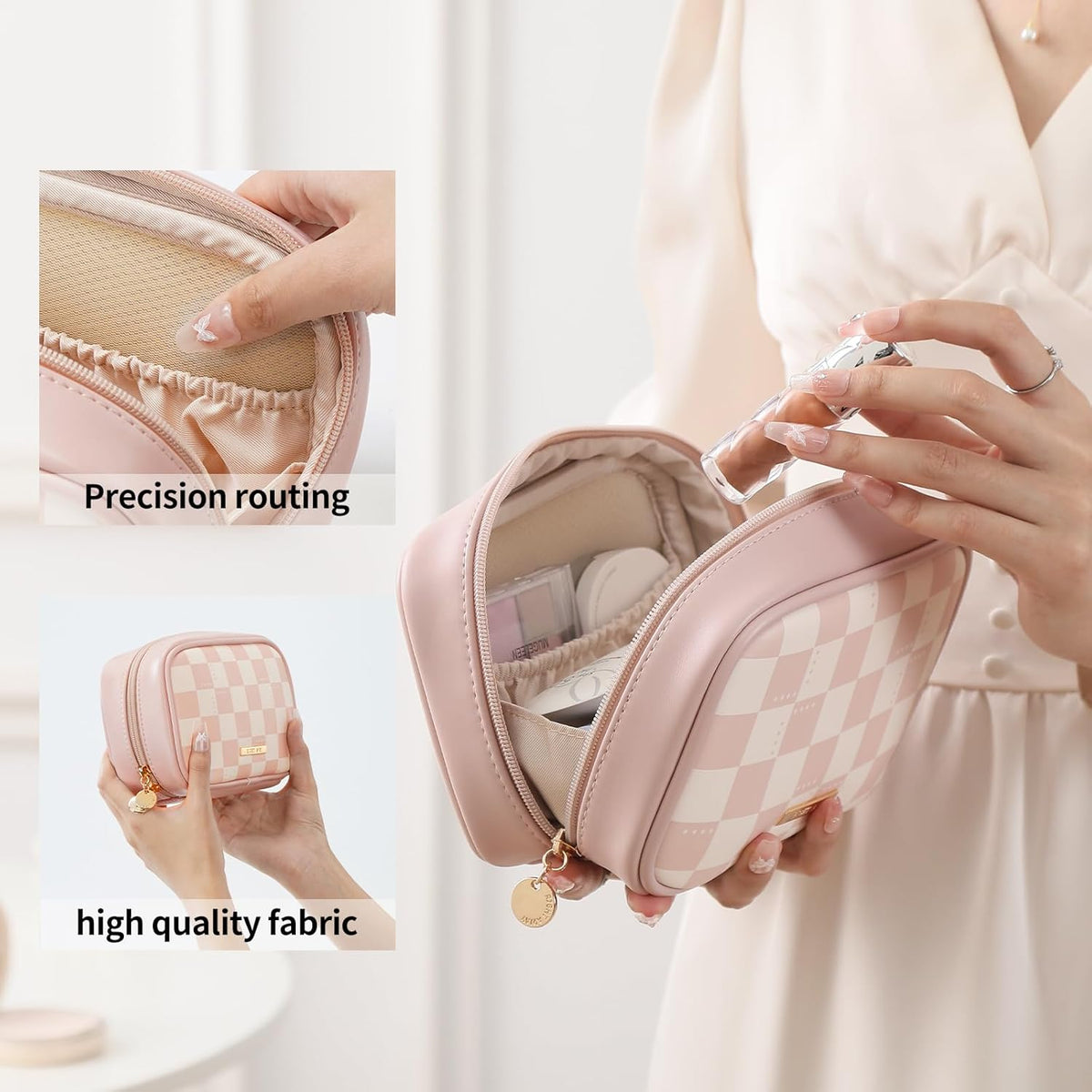 Small Makeup Bag for Purse,Cosmetic Bag Organizer for Women,Waterproof PU Leather Make Up Pouch Toiletry Bag with Pockets,Portable Makeup Case for Travel Accessories&Accessories(Pink)